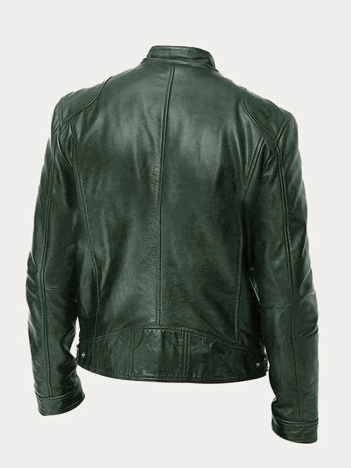 "Veste en cuir moto homme, ajustée avec poches zippées, design moderne, cuir premium noir, look élégant et pratique."