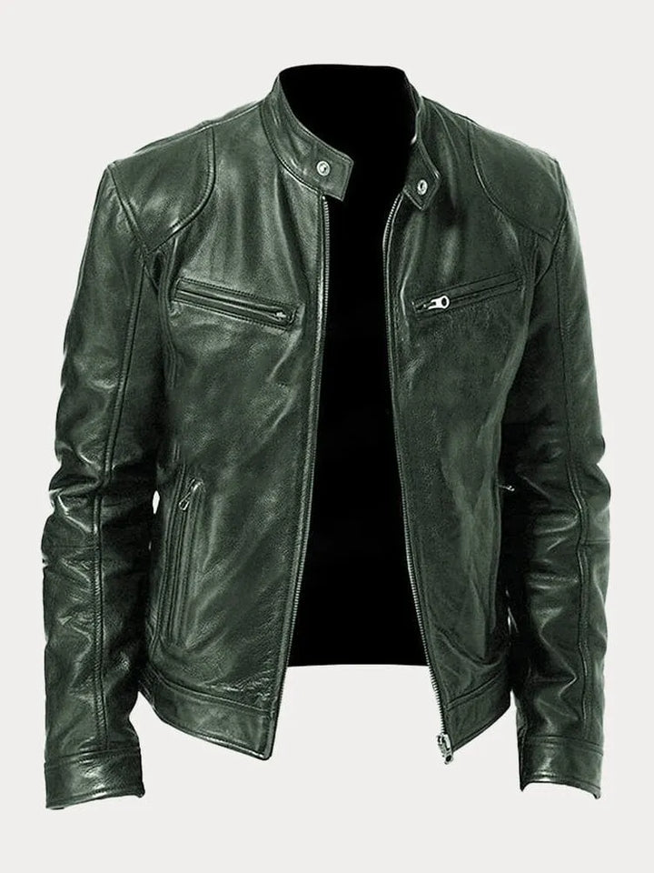 "Veste en cuir moto homme, ajustée avec poches zippées, design moderne, cuir premium noir, look élégant et pratique."