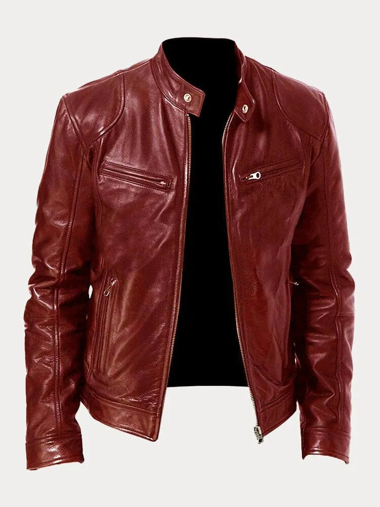 "Veste en cuir moto homme, ajustée avec poches zippées, design moderne, cuir premium noir, look élégant et pratique."