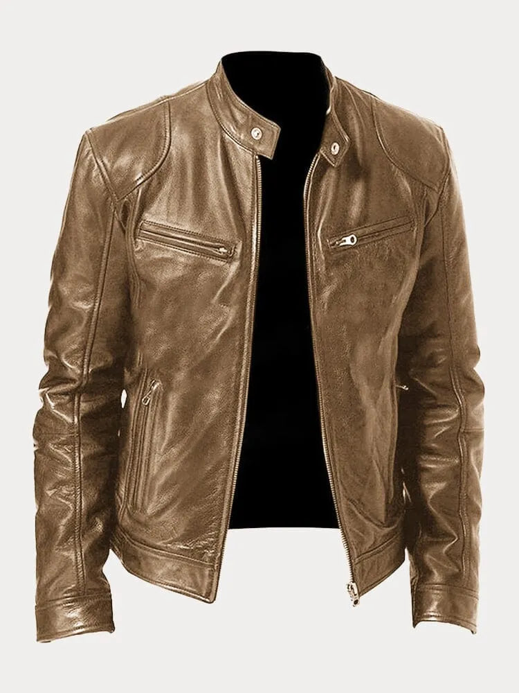 "Veste en cuir moto homme, ajustée avec poches zippées, design moderne, cuir premium noir, look élégant et pratique."