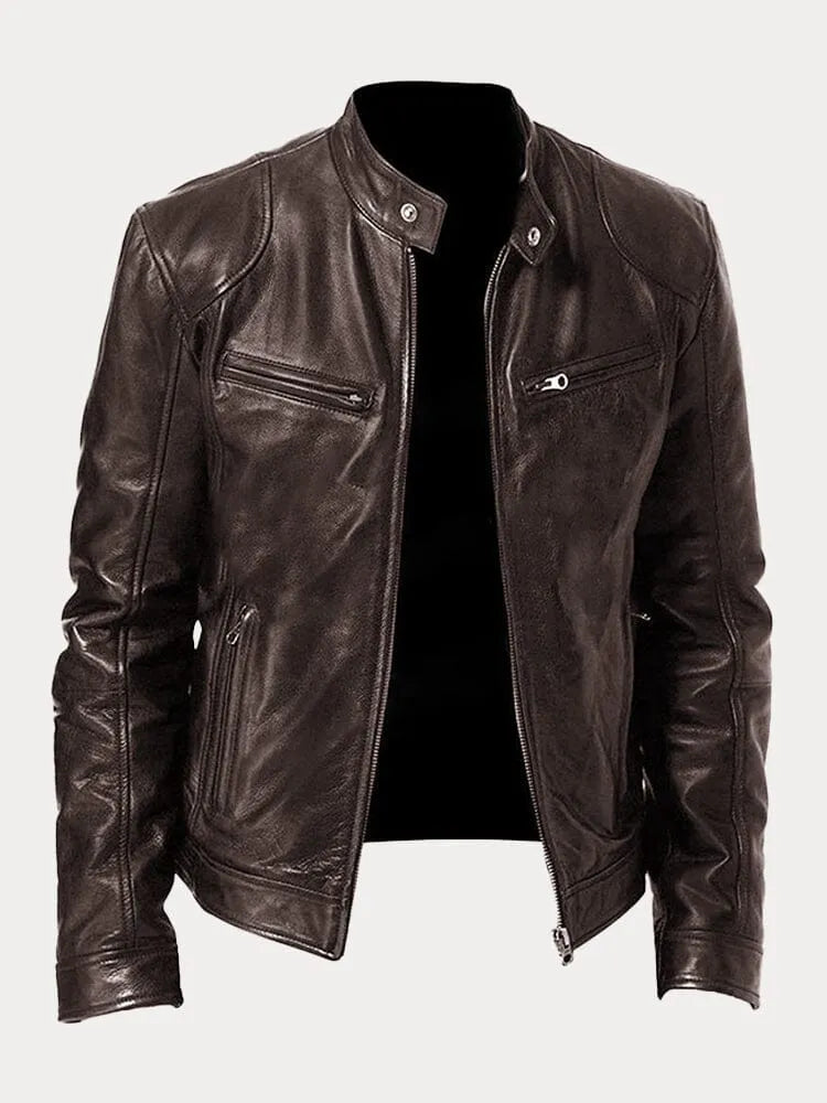 "Veste en cuir moto homme, ajustée avec poches zippées, design moderne, cuir premium noir, look élégant et pratique."