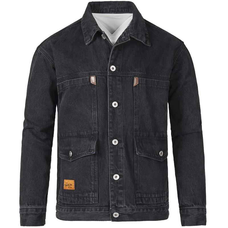 Veste en jean décontractée pour hommes, denim bleu, coupe ample, boutons métalliques, poches poitrine, style moderne.