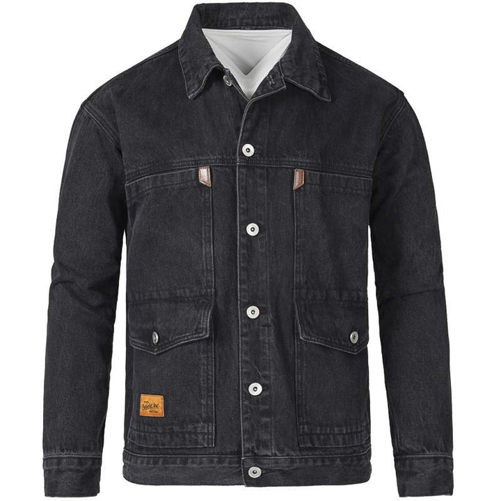 Veste en jean décontractée pour hommes, denim bleu, coupe ample, boutons métalliques, poches poitrine, style moderne.