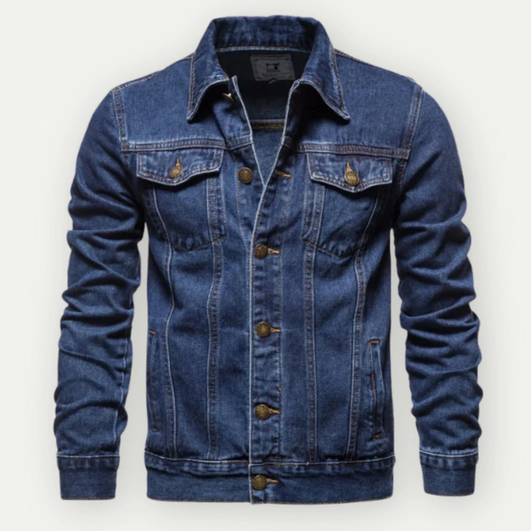 "Veste trucker en denim pour hommes, coupe classique, poignets réglables, bleue, élégante et robuste pour look urbain."