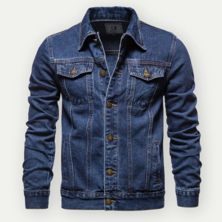 "Veste trucker en denim pour hommes, coupe classique, poignets réglables, bleue, élégante et robuste pour look urbain."
