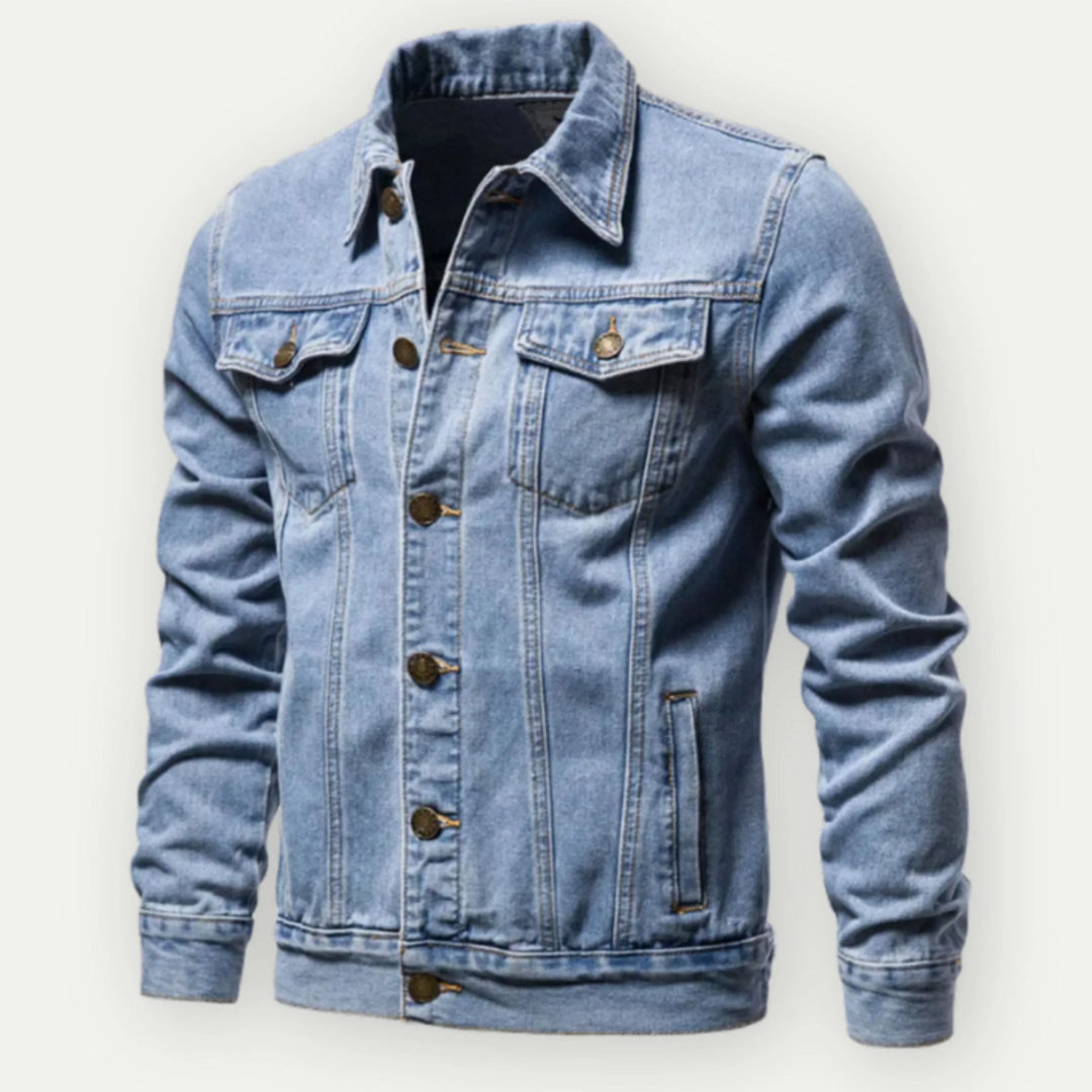 "Veste trucker en denim pour hommes, coupe classique, poignets réglables, bleue, élégante et robuste pour look urbain."