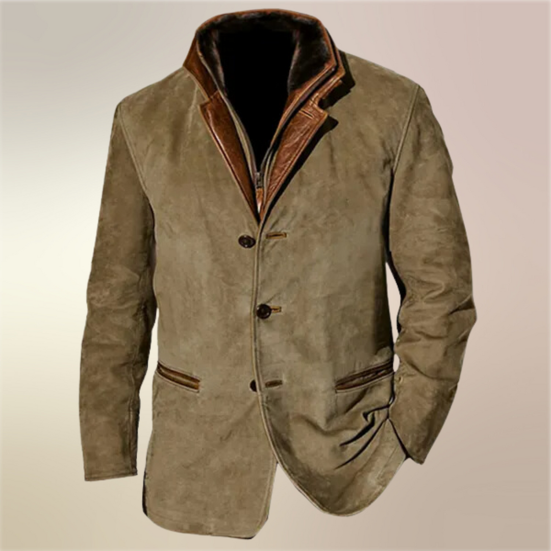 "Veste vintage homme élégante mi-saison, design classique avec silhouette iconique et matériaux durables, couleur olive."