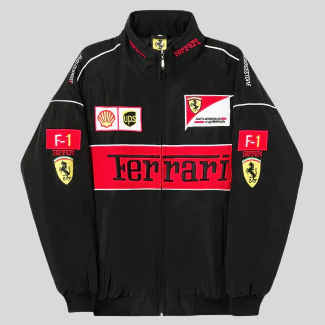 "Veste vintage unisexe rouge racing style Ferrari, design distinctif, inspirée conducteur Formule 1. Pour fans voiture rétro.