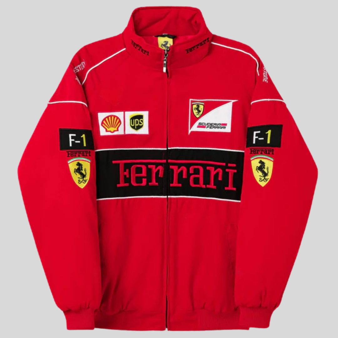 "Veste vintage unisexe rouge racing style Ferrari, design distinctif, inspirée conducteur Formule 1. Pour fans voiture rétro.
