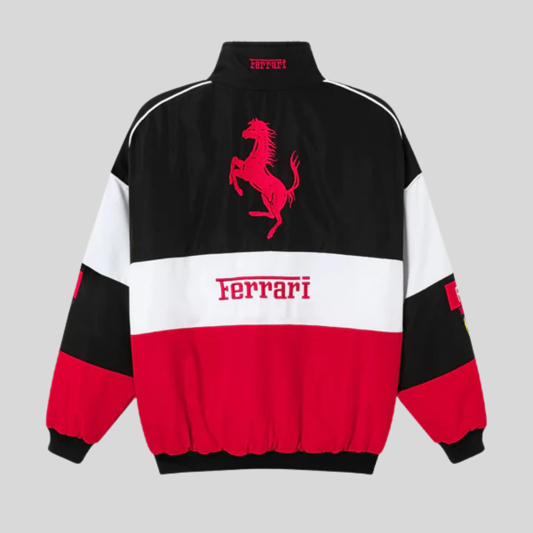 "Veste vintage unisexe rouge racing style Ferrari, design distinctif, inspirée conducteur Formule 1. Pour fans voiture rétro.