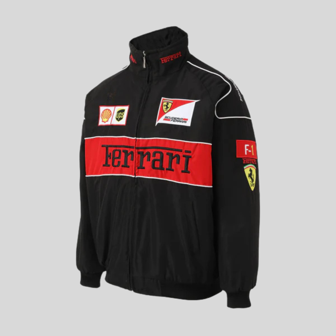 "Veste vintage unisexe rouge racing style Ferrari, design distinctif, inspirée conducteur Formule 1. Pour fans voiture rétro.