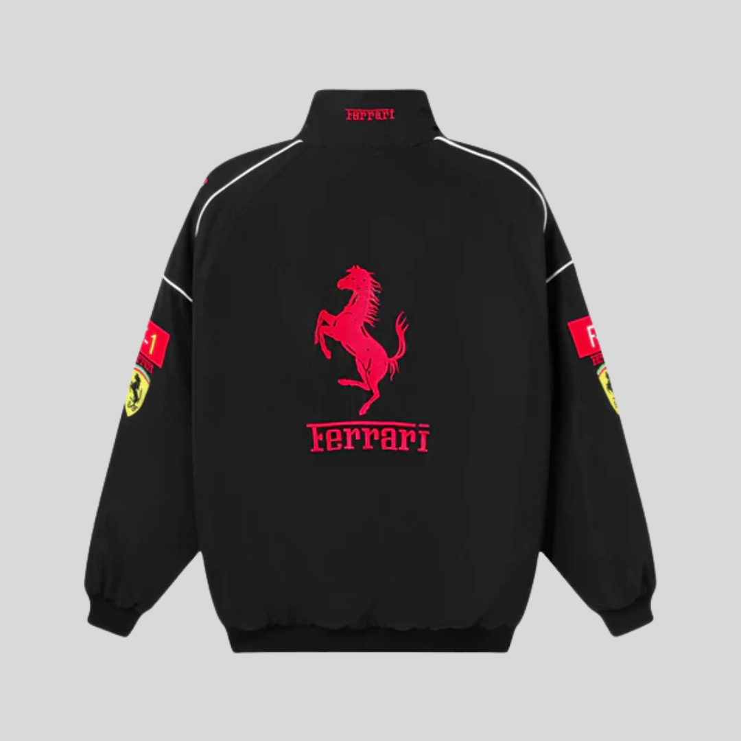 "Veste vintage unisexe rouge racing style Ferrari, design distinctif, inspirée conducteur Formule 1. Pour fans voiture rétro.