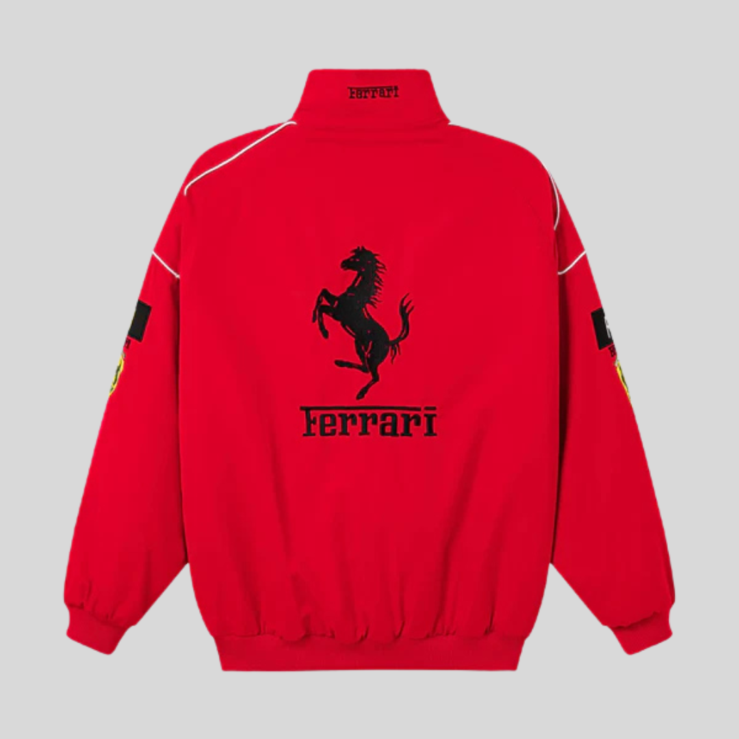 "Veste vintage unisexe rouge racing style Ferrari, design distinctif, inspirée conducteur Formule 1. Pour fans voiture rétro.