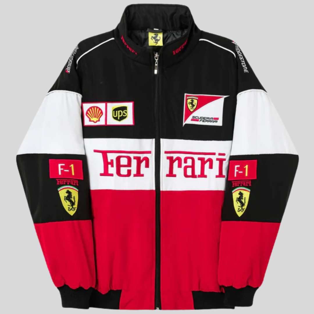 "Veste vintage unisexe rouge racing style Ferrari, design distinctif, inspirée conducteur Formule 1. Pour fans voiture rétro.