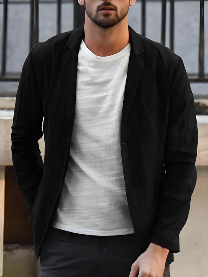 "Vue blazer décontracté homme, coupe droite chic, boutonnage simple, col costume élégant, pour toutes saisons."