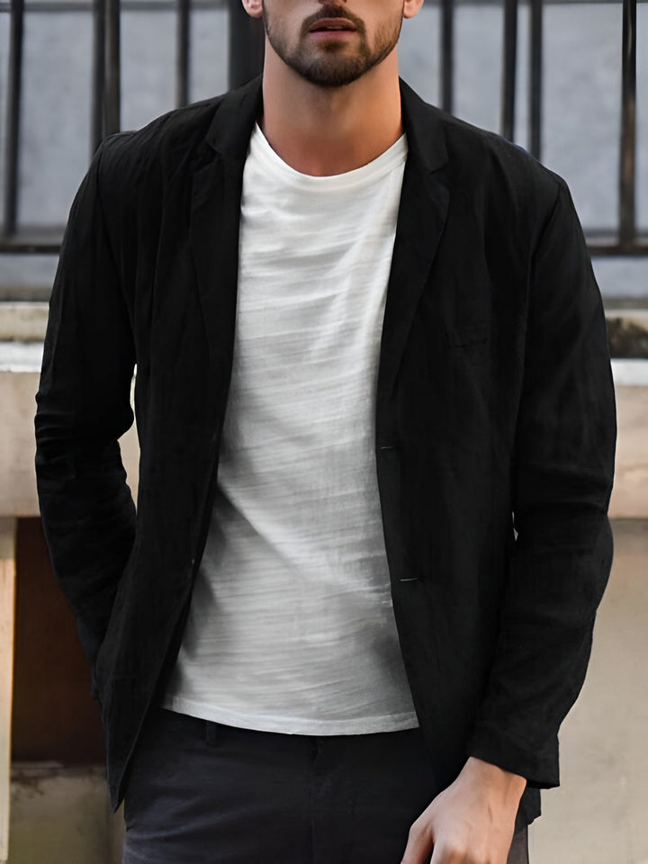 "Vue blazer décontracté homme, coupe droite chic, boutonnage simple, col costume élégant, pour toutes saisons."
