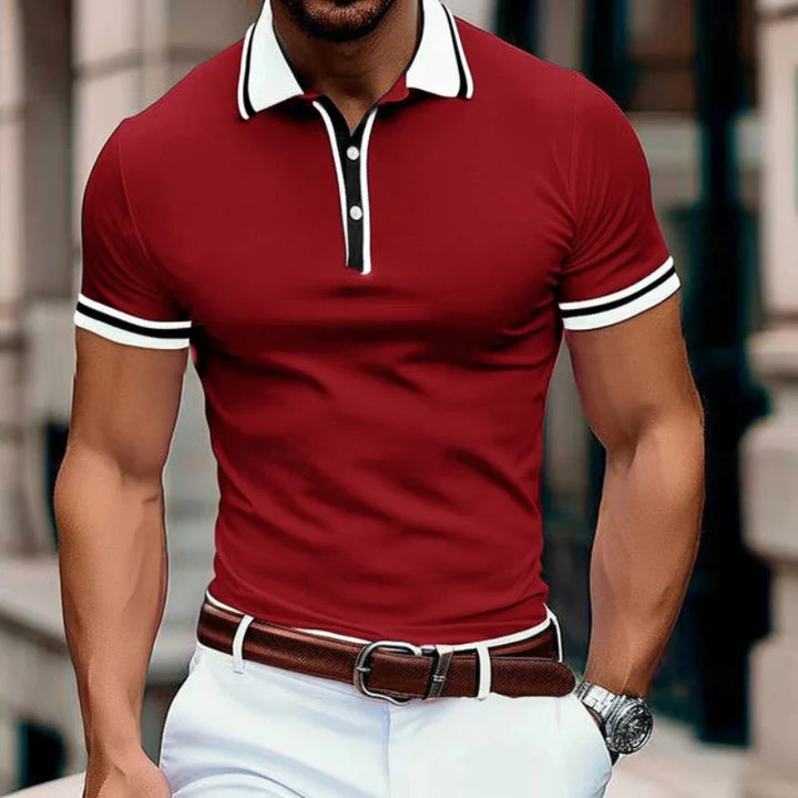 "Vue de face d'un polo léger homme, respirant, moderne, parfait pour l'été, avec coupe ajustée et style polyvalent."