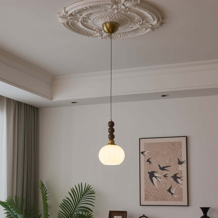 Suspension élégante en verre, bois et métal - Luminaire design