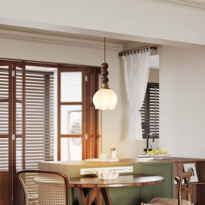 Suspension élégante en verre, bois et métal - Luminaire design