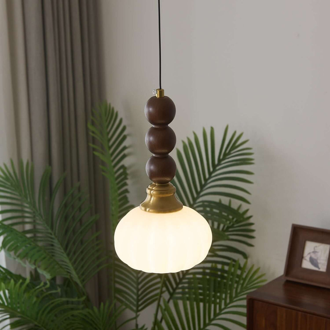 Suspension élégante en verre, bois et métal - Luminaire design