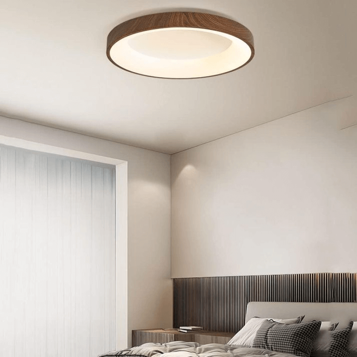 Plafonnier LED Rond en Bois Naturel - Éclairage Moderne pour Chambre