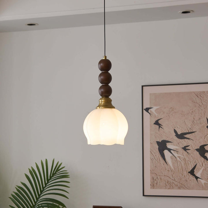 Suspension élégante en verre, bois et métal - Luminaire design