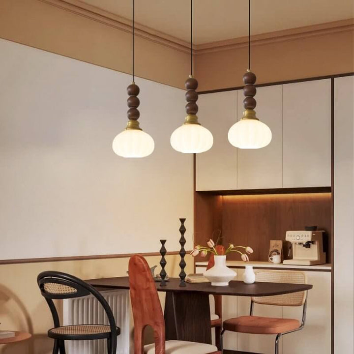 Suspension élégante en verre, bois et métal - Luminaire design