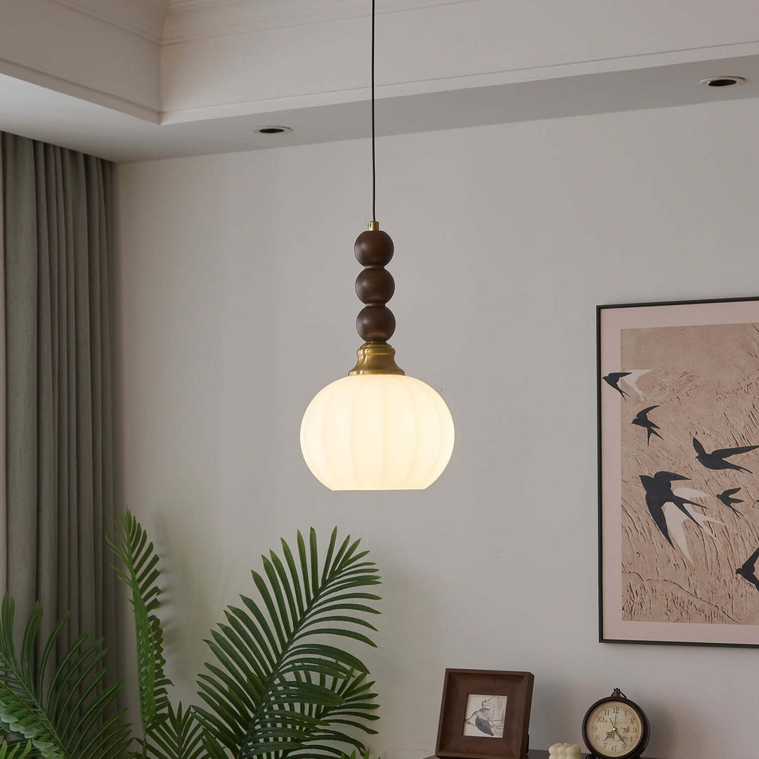 Suspension élégante en verre, bois et métal - Luminaire design