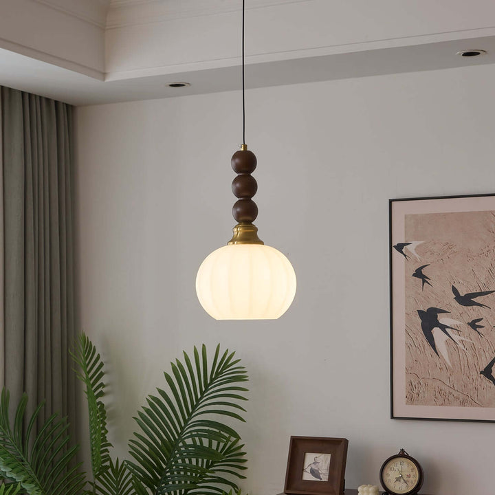 Suspension élégante en verre, bois et métal - Luminaire design
