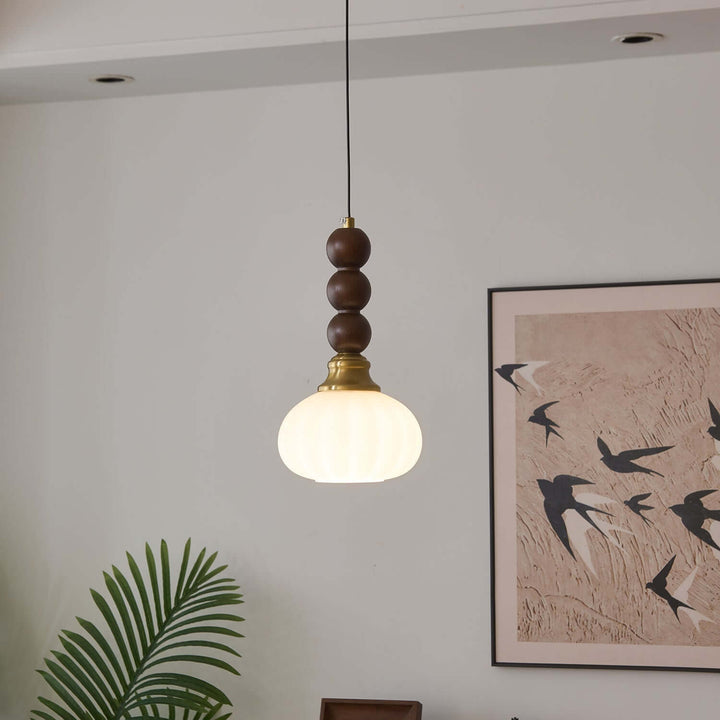 Suspension élégante en verre, bois et métal - Luminaire design