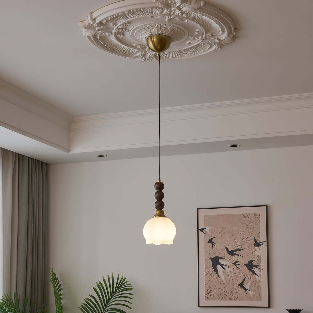 Suspension élégante en verre, bois et métal - Luminaire design