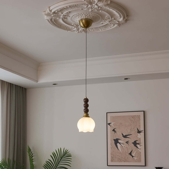 Suspension élégante en verre, bois et métal - Luminaire design