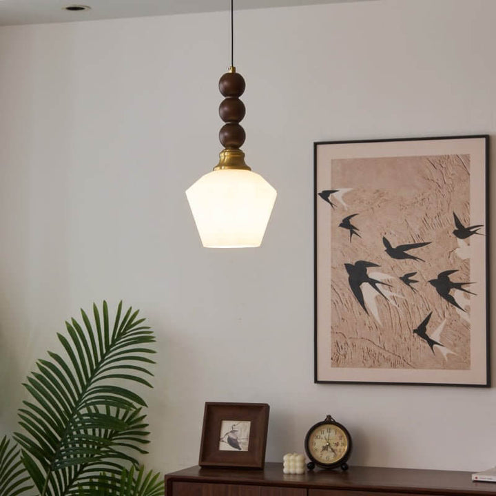 Suspension élégante en verre, bois et métal - Luminaire design