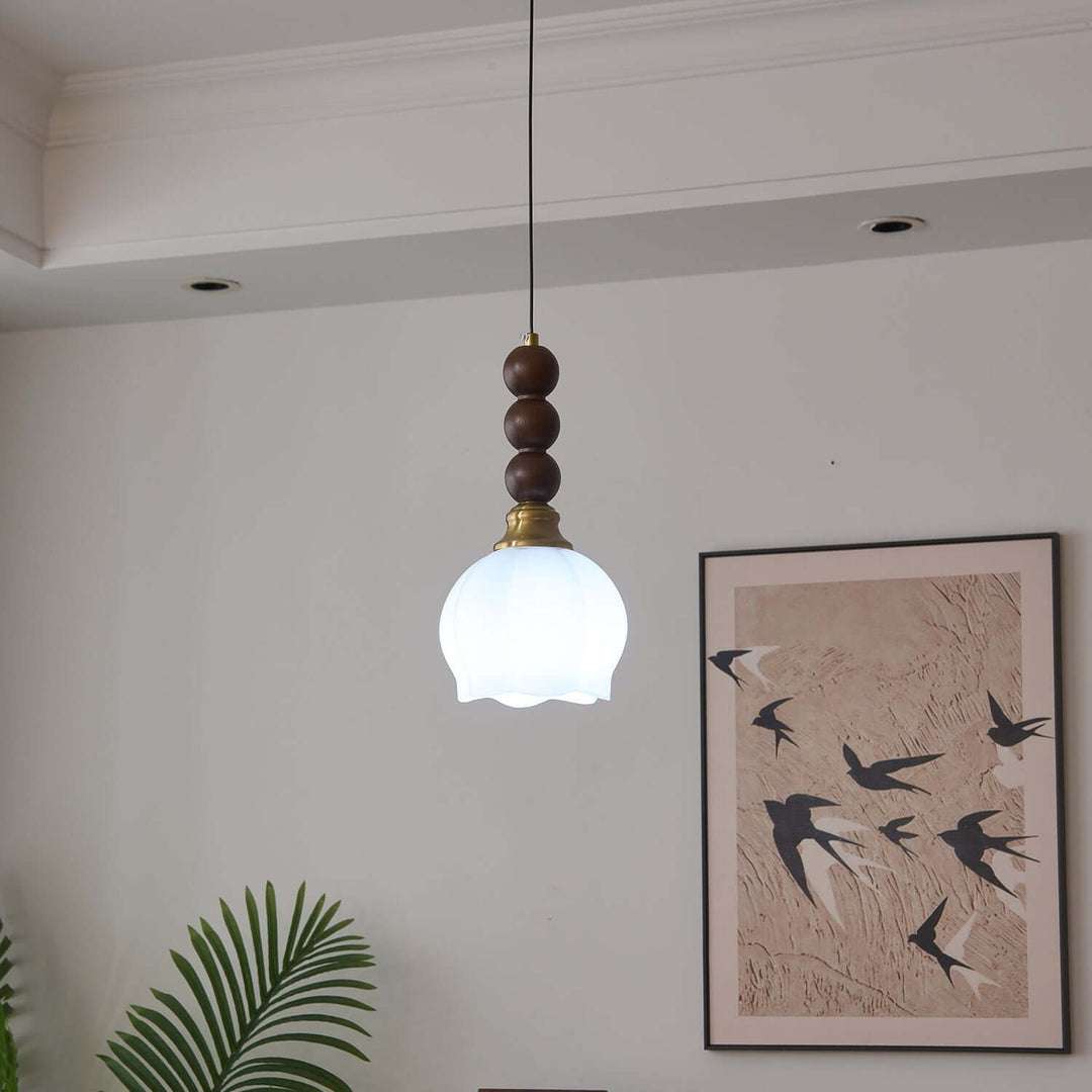 Suspension élégante en verre, bois et métal - Luminaire design