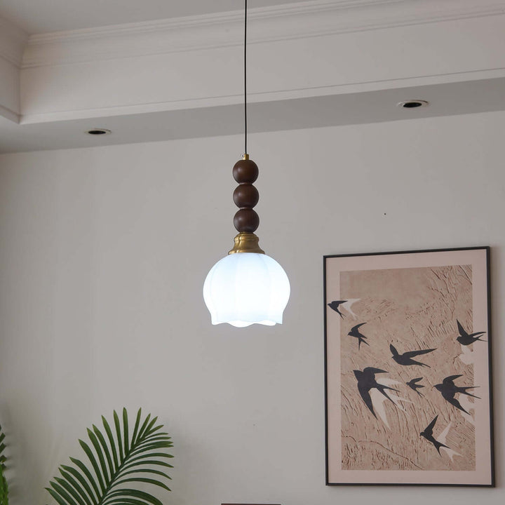 Suspension élégante en verre, bois et métal - Luminaire design