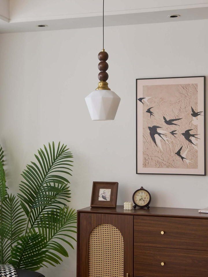 Suspension élégante en verre, bois et métal - Luminaire design
