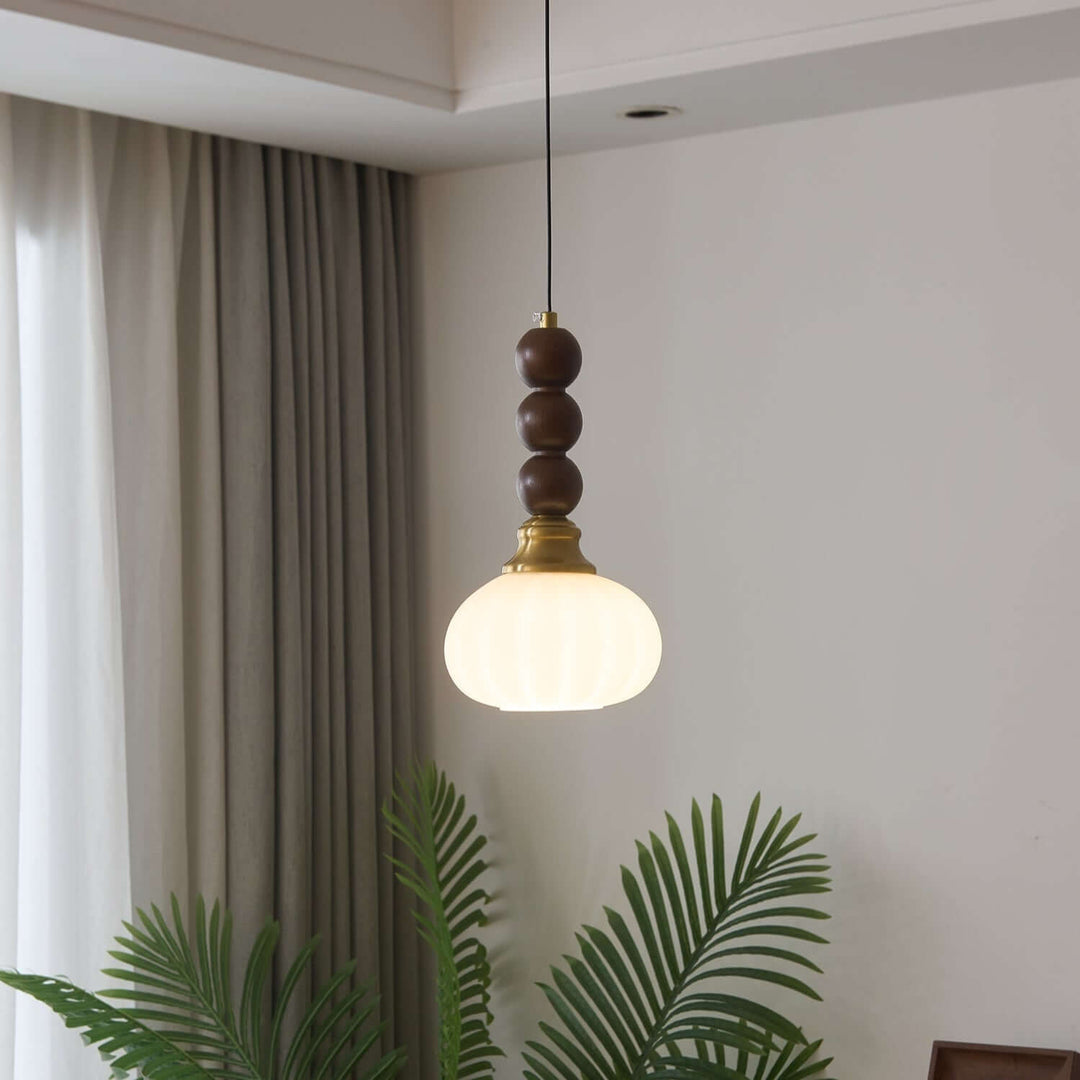 Suspension élégante en verre, bois et métal - Luminaire design