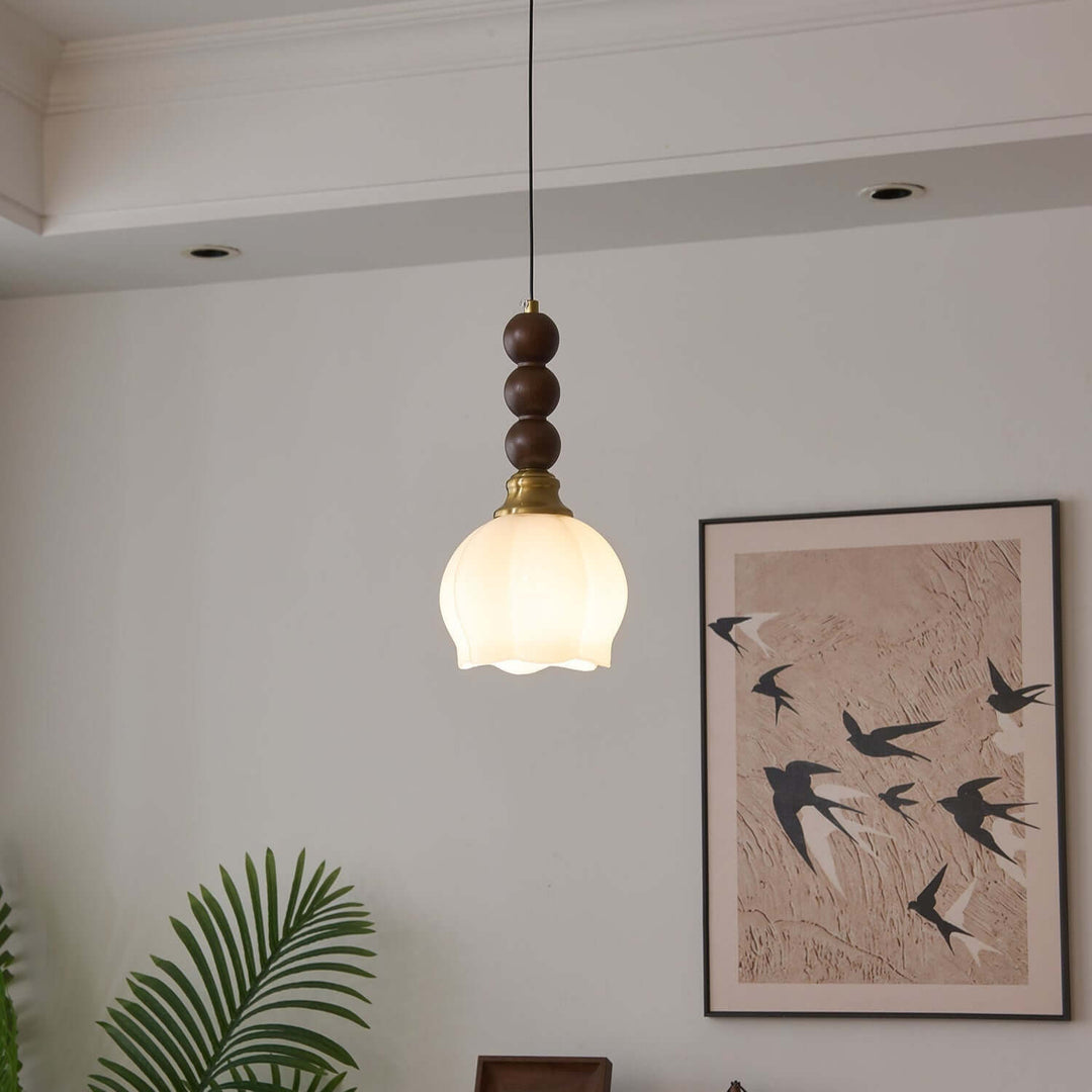 Suspension élégante en verre, bois et métal - Luminaire design