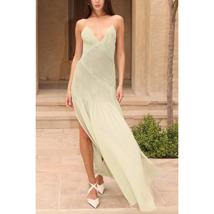 Robe Longue Olive - Patchwork Plissé - Fente Haute
