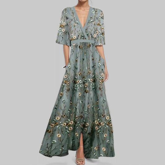 Robe Longue Verte - Élégance Juvénile Demi-Manches