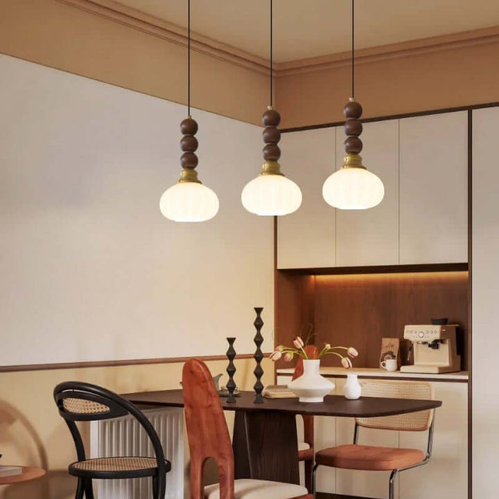 Suspension élégante en verre, bois et métal - Luminaire design