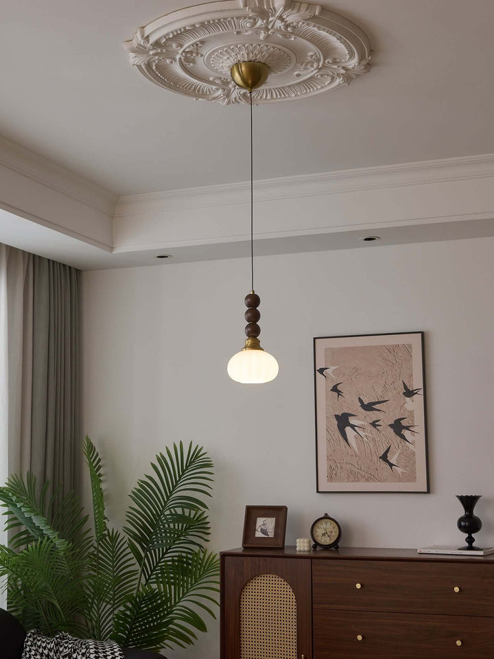 Suspension élégante en verre, bois et métal - Luminaire design