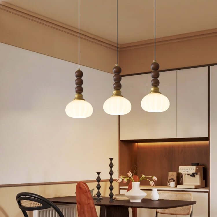 Suspension élégante en verre, bois et métal - Luminaire design