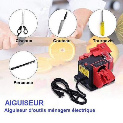 "Aiguiseur électrique multifonctionnel pour couteaux, ciseaux et outils, compact et bleu, angle réglable, 65W puissant."