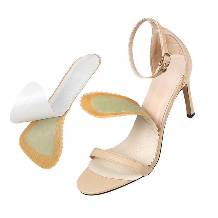 Alt text: "Semelles en mousse à mémoire, confort pour talons hauts, ajustables, anti-glisse, invisibles, matière respirante."