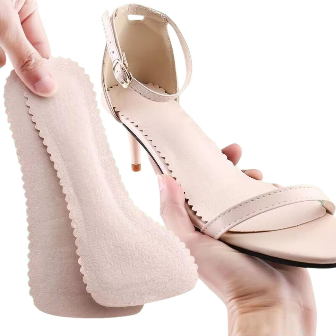 Alt text: "Semelles en mousse à mémoire, confort pour talons hauts, ajustables, anti-glisse, invisibles, matière respirante."