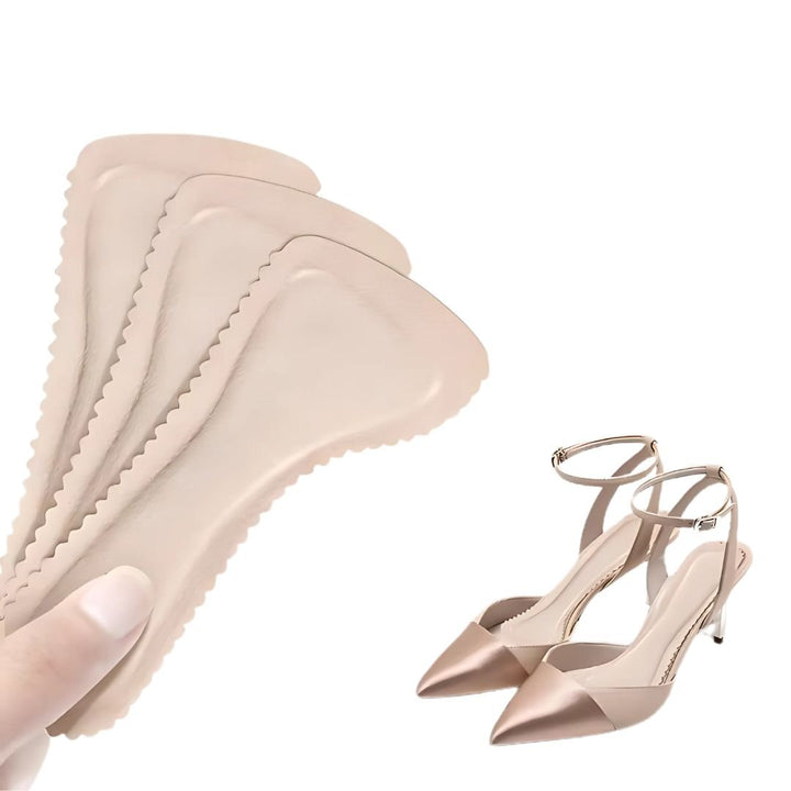 Alt text: "Semelles en mousse à mémoire, confort pour talons hauts, ajustables, anti-glisse, invisibles, matière respirante."