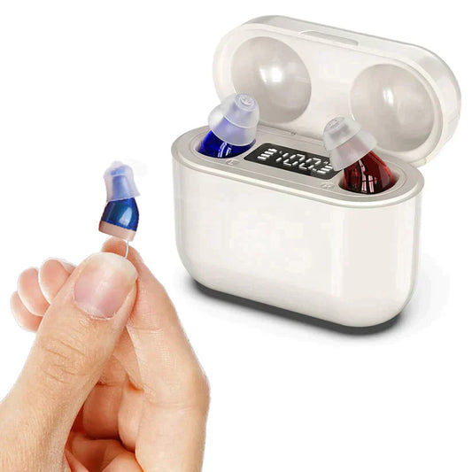 "Appareil auditif discret et moderne, rechargeable, léger, design compact, expérience auditive claire et confortable."