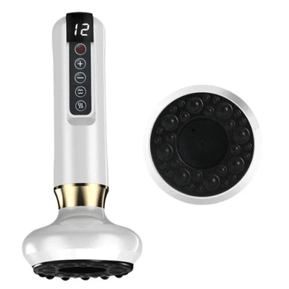 "Appareil de massage anti cellulite avec ventouse ergonomique et chaleur infrarouge, design compact blanc, gris, vert."