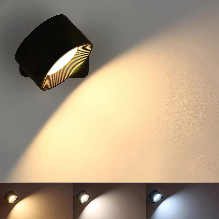Applique murale LED 360° sans fil en bois, noir ou blanc, éclairage uniforme, rechargeable, pour intérieur ou extérieur.